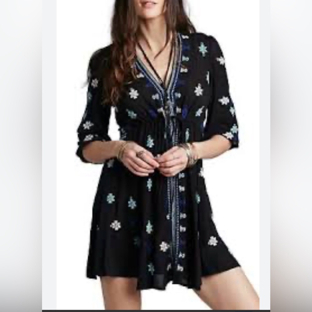 Free People Star Gazer Black Blue Long Sleeve Embroidered Dress Size Small